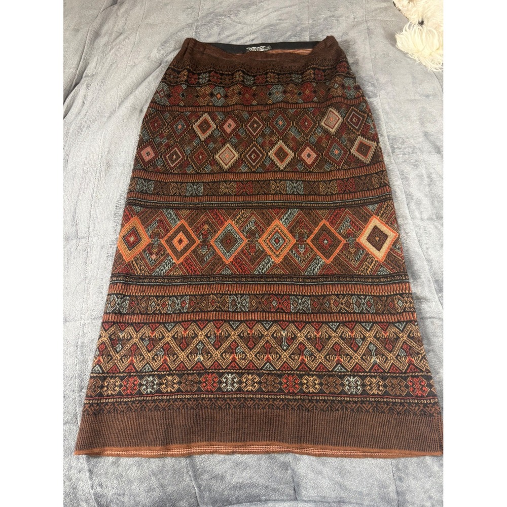 Peruvian Connection Brown Geometric Knit Maxi Skirt Womens Size M Made in Peru